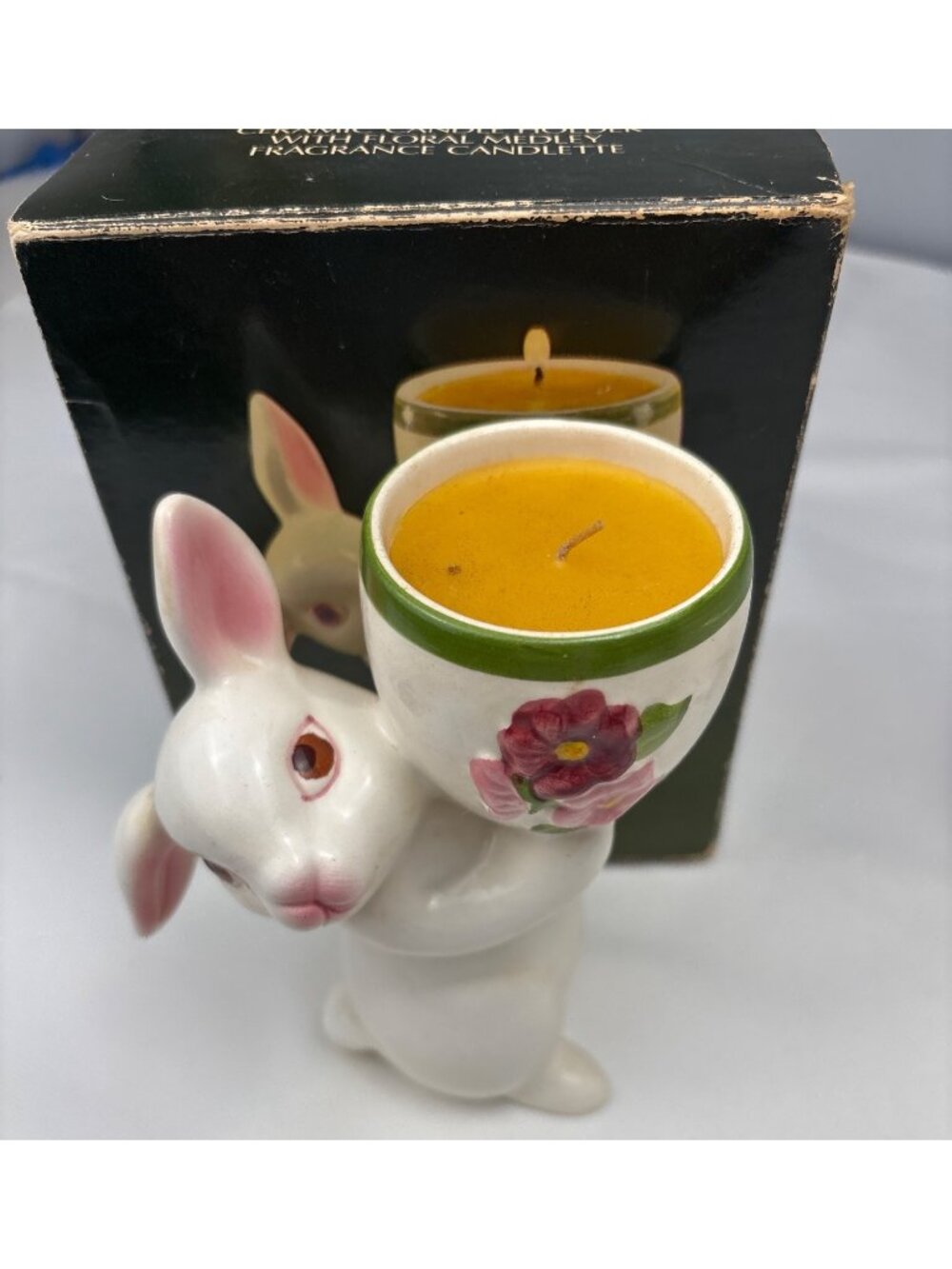 Avon Sunny Bunny Ceramic Candle Holder Floral Medley Candlelette Box 1981 - Picture 2 of 14